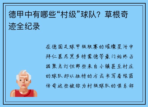 德甲中有哪些“村级”球队？草根奇迹全纪录
